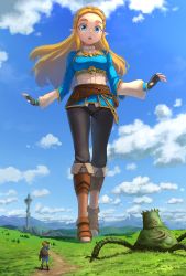 Rule 34 | 1boy, 1girl, blonde hair, blue eyes, braid, cloud, day, fingerless gloves, giant, giantess, gloves, grass, guardian (zelda), highres, link, long hair, looking down, looking up, marimo (marimo2468), mountain, nintendo, open mouth, pointy hair, princess zelda, scenery, sky, standing, the legend of zelda, the legend of zelda: breath of the wild, tower, trail