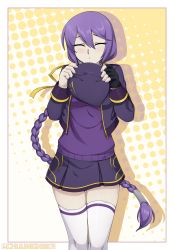 Rule 34 | 1girl, absurdres, black gloves, blush, braid, chuunioniika, closed eyes, commentary, commission, cowboy shot, cropped jacket, eltnum (under night in-birth), english commentary, facing viewer, fingerless gloves, gloves, hair between eyes, halftone, halftone background, hat, highres, holding, holding clothes, holding hat, long hair, long sleeves, purple hair, ribbon, single glove, sion eltnam atlasia, skirt, solo, thighhighs, twitter username, under night in-birth, unworn hat, unworn headwear, very long hair, white thighhighs, yellow ribbon, zettai ryouiki