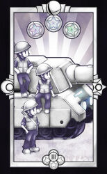 Rule 34 | advance wars, black border, border, character request, coin, commentary, crescent, english commentary, expressionless, grass, hand in pocket, hands on own hips, helmet, limited palette, long sleeves, looking to the side, military uniform, military vehicle, motor vehicle, nintendo, pants, quas-quas, roman numeral, shirt, shoes, sitting, sleeves past elbows, smash ball, solid oval eyes, star (symbol), super smash bros., tank, tarot, tarot (medium), uniform, vest