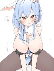 Rule 34 | 1girl, absurdres, animal ear fluff, animal ears, black leotard, black pantyhose, blue hair, blush, braid, braided ponytail, breasts, cleavage, don-chan (usada pekora), fur scarf, hair between breasts, hair ribbon, heart, highres, hololive, kuma no bansoukou, large breasts, leotard, light blue hair, long hair, looking at viewer, open mouth, orange eyes, pantyhose, pekomama, playboy bunny, rabbit ears, rabbit girl, ribbon, short eyebrows, simple background, sitting, solo, spoken heart, strapless, strapless leotard, thick eyebrows, virtual youtuber, white background