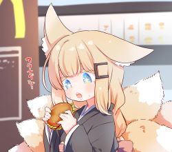 Rule 34 | + +, 1girl, :o, animal ear fluff, animal ears, black kimono, blonde hair, blue eyes, blurry, blurry background, blush, burger, colored eyelashes, depth of field, done (donezumi), drooling, eyebrows hidden by hair, food, fox ears, fox girl, fox tail, hair ornament, hairclip, hands up, highres, holding, holding food, indoors, japanese clothes, kimono, kitsune, long hair, long sleeves, looking away, mcdonald&#039;s, obi, open mouth, sash, solo, sweat, tail, teeth, thick eyebrows, translation request, upper teeth only, wide sleeves