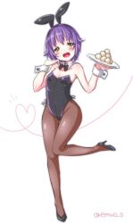 Rule 34 | 1girl, animal ears, breasts, brown eyes, detached collar, emu (trigger), fake animal ears, high heels, holding, holding plate, idolmaster, idolmaster cinderella girls, koshimizu sachiko, leotard, looking at viewer, pantyhose, plate, playboy bunny, purple hair, rabbit ears, short hair, small breasts, solo, standing, standing on one leg, thigh gap, wrist cuffs