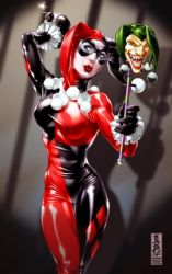 Rule 34 | 1girl, batman (series), blue eyes, bodysuit, bomb, breasts, cane, dc comics, domino mask, explosive, facepaint, female focus, gloves, harley quinn, hat, jester, jester cap, latex, lipstick, makeup, mask, shiny clothes, skin tight, solo, standing