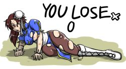 Rule 34 | 1girl, beaten, breasts, bruise, capcom, china dress, chinese clothes, chun-li, defeat, dress, game over, injury, large breasts, nipples, open mouth, sakasa gurasan, street fighter, sweat, tears, torn clothes