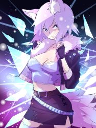 Rule 34 | aetherion, animal ears, belt, bomber jacket, breasts, cleavage, diamond choker, facial tattoo, fingerless gloves, gloves, highres, jacket, jewelry, midriff, skirt, snow sos, solo, tail, tattoo, thighs, white hair