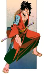 Rule 34 | 1boy, black hair, chonmage, commentary request, full body, hat, highres, japanese clothes, kimono, looking at viewer, male focus, monkey d. luffy, one piece, red kimono, sandals, sash, scar, scar on chest, scar on face, solo, straw hat, sword, tako jirou, weapon, yellow sash