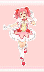 Rule 34 | 10s, 1girl, bow, choker, circle, dress, frilled dress, frilled skirt, frilled socks, frills, full body, gloves, hair bow, hair ornament, hair ribbon, hand up, happy, heart, high heels, kaname madoka, kneehighs, knees together feet apart, magical girl, mahou shoujo madoka magica, mahou shoujo madoka magica (anime), open mouth, outstretched arm, pink eyes, pink hair, pink theme, pumps, ribbon, ribbon choker, shoes, short hair, short twintails, simple background, skirt, smile, socks, solo, standing, standing on one leg, teeth, twintails, waving, zukaketawagase
