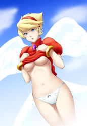 Rule 34 | 1girl, angel wings, blonde hair, blue eyes, blue sky, blush, bow, bow panties, breasts, breath of fire, breath of fire iii, clothes lift, cloud, day, dress, dress lift, dutch angle, gem, hairband, looking at viewer, medium breasts, multiple wings, navel, nina (breath of fire iii), no bra, outdoors, panties, parted lips, short dress, short hair, sky, solo, sweatdrop, thor (deep rising), underboob, underwear, white panties, wings