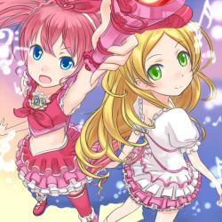 Rule 34 | 10s, 2girls, bass clef, beamed quavers, blonde hair, blue eyes, bow, brown hair, buntan, cure melody, cure rhythm, dress, flat sign, frills, heart, houjou hibiki, magical girl, minamino kanade, multiple girls, musical note, no choker, open mouth, pink bow, precure, quaver, scepter, sharp sign, smile, suite precure, thighhighs, treble clef, twintails, yellow eyes