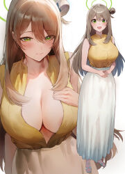Rule 34 | 1girl, absurdres, blue archive, blush, breasts, center opening, cleavage, closed mouth, collarbone, full body, green eyes, hair bun, halo, highres, large breasts, light brown hair, long hair, long skirt, looking at viewer, multiple views, nonomi (blue archive), open mouth, rororo, shirt, sidelocks, single side bun, skirt, sleeveless, sleeveless shirt, smile, white skirt, yellow shirt