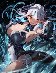 Rule 34 | 1girl, absurdres, aqua gemstone, armor, bare shoulders, black collar, black horns, breasts, closed mouth, collar, colored inner hair, covered navel, detached collar, epic seven, gauntlets, grey hair, highres, holding, holding weapon, horns, knightfang, large breasts, leotard, long hair, luna (epic seven), multicolored hair, orange eyes, pointy ears, solo, strapless, strapless leotard, tail, weapon, white leotard