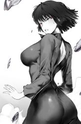 Rule 34 | 1girl, absurdres, ass, back cutout, blush, breasts, clenched teeth, clothing cutout, dress, from side, fubuki (one-punch man), highres, large breasts, long sleeves, looking away, odyssey 21, one-punch man, short hair, simple background, solo, spot color, sweat, teeth, turtleneck, turtleneck dress