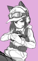 Rule 34 | 1girl, animal ears, bad id, bad twitter id, baseball cap, closed mouth, commentary request, ears through headwear, goggles, goggles on headwear, greyscale, greyscale with colored background, gun, hat, headphones, highres, holding, holding gun, holding weapon, inactive account, jacket, long sleeves, looking at viewer, monochrome, nijisanji, pink background, sash, shamonabe, shizuka rin, short hair, simple background, smile, solo, trigger discipline, virtual youtuber, weapon