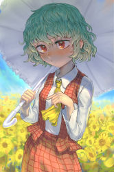 Rule 34 | 1girl, absurdres, ascot, blush, closed mouth, collared shirt, commentary request, cowboy shot, field, flower, flower field, garden of the sun, green hair, hair between eyes, hakonnbo, highres, holding, holding umbrella, kazami yuuka, long sleeves, looking at viewer, parasol, plaid, plaid skirt, plaid vest, red eyes, red skirt, red vest, shirt, short hair, skirt, skirt set, solo, sunflower, sunflower field, touhou, umbrella, vest, wavy hair, white shirt, yellow ascot