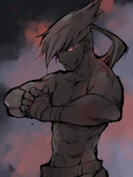 Rule 34 | 1boy, abs, adon (street fighter), bandages, capcom, cracking knuckles, fist in hand, glowing, glowing eye, hair over one eye, hand wraps, headband, hikage mono, long hair, male focus, mongkhon, muscular, shadow, topless male, solo, street fighter, wrist wrap