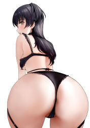 Rule 34 | 1girl, absurdres, ass, black hair, blunt bangs, blush, bow, breasts, brown eyes, cameltoe, cl (summer sama), frills, highres, huge ass, idolmaster, idolmaster shiny colors, lingerie, long hair, looking at viewer, mayuzumi fuyuko, medium breasts, multicolored hair, open mouth, parted lips, pussy, pussy peek, simple background, solo, streaked hair, underwear, white background