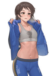 Rule 34 | 10s, 1girl, absurdres, ameyame, bad id, bad pixiv id, blush, brown eyes, brown hair, cameltoe, highres, hot, idolmaster, idolmaster million live!, jacket, kitazawa shiho, long hair, midriff, navel, open clothes, skindentation, solo, sports bra, sweat, taut clothes, track jacket, undressing