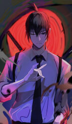 Rule 34 | 1boy, black eyes, black hair, black necktie, blurry, chainsaw man, closed mouth, collared shirt, commentary request, depth of field, fox shadow puppet, hayakawa aki, katana, long sleeves, male focus, necktie, ogura aoi, one eye closed, shirt, shirt tucked in, short hair, sleeves rolled up, solo, sword, topknot, upper body, weapon, white shirt