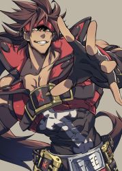 Rule 34 | 1boy, bare shoulders, belt, black gloves, brown hair, english text, fingerless gloves, gloves, grey background, grin, guilty gear, guilty gear xrd, headband, highres, looking at viewer, male focus, muscular, outstretched arm, samei ikusa, sanpaku, shirt, simple background, smile, sol badguy, solo, standing, teeth, upper body, yellow eyes