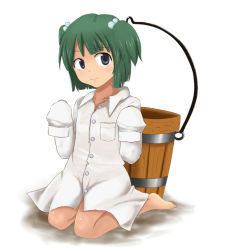 Rule 34 | 1girl, bad id, bad pixiv id, barefoot, bucket, female focus, full body, goro, green eyes, green hair, hair bobbles, hair ornament, kisume, legs, oversized clothes, short hair, sitting, solo, touhou, twintails, white background