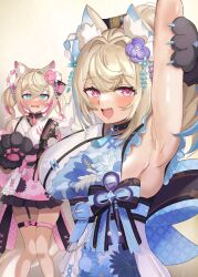 Rule 34 | 2girls, absurdres, animal ear fluff, animal ears, animal hands, arm behind head, armpits, arms up, black collar, blonde hair, blue eyes, blue hair, blue kimono, blush, breasts, collar, dog ears, dog girl, dog paws, fang, floral print kimono, flower, fuwawa abyssgard, fuwawa abyssgard (new year), hair flower, hair ornament, highres, hololive, hololive english, japanese clothes, kimono, large breasts, long hair, looking at viewer, mococo abyssgard, mococo abyssgard (new year), multicolored hair, multiple girls, niceonion, official alternate costume, open mouth, pink eyes, pink hair, pink kimono, ponytail, short hair, siblings, sideboob, sisters, skin fang, sleeveless, sleeveless kimono, smile, spiked collar, spikes, streaked hair, twins, twintails, virtual youtuber