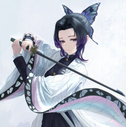 Rule 34 | 1girl, absurdres, black hair, butterfly hair ornament, closed mouth, commentary, demon slayer uniform, expressionless, gradient hair, hair ornament, haori, highres, holding, holding sword, holding weapon, japanese clothes, kimetsu no yaiba, kochou shinobu, looking at viewer, multicolored hair, parted bangs, purple eyes, purple hair, sidelocks, simple background, solo, sword, sword writing, tooku0, two-tone hair, updo, upper body, weapon, wide sleeves