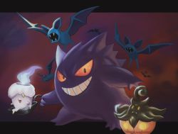 Rule 34 | commentary request, creatures (company), daon (kenta111881), fangs, fangs out, fire, game freak, gen 1 pokemon, gen 5 pokemon, gen 6 pokemon, gengar, glowing, glowing eyes, grin, holding, litwick, looking at viewer, nintendo, no humans, pokemon, pokemon (creature), pumpkaboo, smile, teeth, zubat