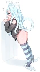 Rule 34 | !, 1girl, animal ears, antenna hair, ass, black choker, black skirt, blue eyes, blue hair, blush stickers, bottomless, cat ears, cat girl, cat tail, choker, detached sleeves, from side, full body, hair ornament, highres, itsukarine, long hair, long sleeves, no panties, open mouth, original, pleated skirt, skirt, slippers, solo, standing, striped clothes, striped thighhighs, tail, thighhighs, tiptoes