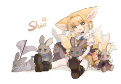 Rule 34 | 1girl, absurdres, amiya (arknights), animal ears, arknights, artist name, black cat, black footwear, blonde hair, blue ribbon, blush, braid, braided hair rings, cat, character doll, character request, check character, choshanland plushy (arknights), commentary request, crossover, dress, fox ears, fox girl, fox tail, full body, green eyes, hair rings, hairband, highres, kitsune, kyuubi, looking at viewer, multiple tails, myrtle (arknights), neck ribbon, official alternate costume, open mouth, orange dress, orange hairband, pantyhose, popukar (arknights), puffy short sleeves, puffy sleeves, ribbon, second-party source, shamare (arknights), shaw (arknights), shio (shiofeifei), short sleeves, sitting, stuffed animal, stuffed rabbit, stuffed toy, suzuran (arknights), suzuran (let&#039;s carnival!) (arknights), tail, twin braids, white pantyhose