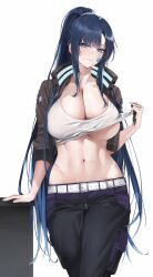 Rule 34 | 1girl, @ @, absurdres, belt, black jacket, black pants, blue eyes, blue hair, breasts, cleavage, clothes lift, commission, cowboy shot, facial tattoo, gompang 11, highres, huge breasts, jacket, large breasts, lifted by self, long hair, long sleeves, looking at viewer, midriff, navel, open clothes, open jacket, original, pants, ponytail, shirt, shirt lift, sidelocks, smile, solo, stomach, sweat, tattoo, underboob, very long hair, white shirt