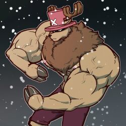 Rule 34 | 1boy, antlers, bara, brown fur, cowboy shot, croiyan, deer antlers, fighting stance, furry, furry male, horns, large pectorals, male focus, muscular, muscular male, neck fur, nipples, one piece, pectorals, reindeer boy, serious, shaded face, shorts, snowing, solo, thick arms, tony tony chopper, topless male, veins, veiny arms