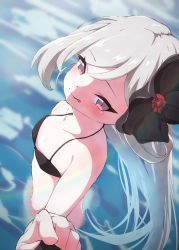 Rule 34 | 1girl, bikini, black bikini, black flower, blue archive, breasts, flower, foreshortening, hair flower, hair ornament, highres, lamperu (usuakari18), long hair, mutsuki (blue archive), partially submerged, pointing, pointing at viewer, rainbow, red eyes, small breasts, solo, swimsuit, tongue, tongue out, white hair