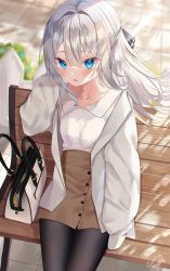 Rule 34 | 1girl, :o, absurdres, arm up, bag, bench, black pantyhose, blue eyes, blush, brown skirt, collarbone, commentary request, day, handbag, high-waist skirt, highres, jacket, lens flare, long hair, long sleeves, looking at viewer, open clothes, open jacket, open mouth, original, outdoors, pantyhose, park bench, shirt, signature, silver hair, sinobi illust, sitting, skirt, sleeves past fingers, sleeves past wrists, solo, white jacket, white shirt