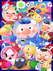 Rule 34 | 1girl, 4boys, :o, ^ ^, alien, alph (pikmin), big nose, black eyes, black skin, blonde hair, blue background, blue eyes, blue gloves, blue hair, blue pikmin, blue skin, blush stickers, border, bound, brittany (pikmin), brown hair, bulborb, buttons, charlie (pikmin), cherry, clenched hand, closed eyes, colored skin, commentary request, creature, crying, crying with eyes open, everyone, eyelashes, facial hair, fangs, flying, flying teardrops, food, freckles, fruit, glasses, gloves, green gloves, hands on another&#039;s arm, heart, helmet, highres, holding, holding creature, holding food, holding fruit, insect wings, leaf, light particles, looking at viewer, louie (pikmin), melon, mohawk, motion blur, multicolored background, multiple boys, mustache, nintendo, no mouth, olimar, omame sakana, one eye closed, open mouth, outstretched arms, oversized object, pellet (pikmin), pikmin (creature), pikmin (series), pikmin 3, pink background, pink gloves, pink hair, pink skin, plasm wraith, pointing, pointing at viewer, pointy ears, pointy nose, purple border, purple hair, purple pikmin, purple skin, radio antenna, red-framed eyewear, red background, red eyes, red gloves, red pikmin, red skin, rock, rock pikmin, rubber duck, running, shockwave, short hair, smile, solid circle eyes, solid oval eyes, space helmet, spacesuit, spoken heart, striped, striped background, sweatdrop, tears, thought bubble, tied up (nonsexual), tongue, triangle mouth, triangular eyewear, v-shaped eyes, very short hair, wavy mouth, whistle, white pikmin, white skin, winged pikmin, wings, yellow background, yellow pikmin, yellow skin
