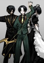 Rule 34 | 1boy, apron, black coat, black dress, black hair, buttons, coat, dress, full body, gold trim, green jacket, green pants, han hee-joon, highres, holding, holding sword, holding weapon, jacket, maid headdress, male focus, mask, multiple views, pants, parted bangs, project moon, puffy short sleeves, puffy sleeves, shan23852196, short hair, short sleeves, sword, the distortion detective, udjat (project moon), weapon, white apron, wing collar, yellow eyes