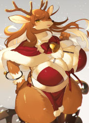 Rule 34 | 1girl, animal ears, animal nose, antlers, bell, bikini, bow, bowtie, bracelet, breasts, brown hair, capelet, christmas, cleavage, colored inner hair, commentary request, furry, furry female, gradient background, grey background, highres, horns, huge breasts, jewelry, kishibe, long hair, looking at viewer, multicolored hair, neck bell, original, red bow, red bowtie, red capelet, snout, solo, swimsuit, thick thighs, thighs, white hair