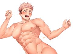Rule 34 | 1boy, abs, bara, blush, brown eyes, ccccc (jpn m0), embarrassed, facial mark, highres, itadori yuuji, jacket, jujutsu kaisen, large pectorals, looking at viewer, male focus, muscular, muscular male, navel, nipples, nude, open clothes, open jacket, open mouth, pectorals, pink hair, short hair, simple background, solo, teeth, twitter username, undercut, upper body, white background