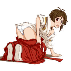 Rule 34 | 1girl, all fours, arm support, ass, blush, brown eyes, brown hair, clothes pull, commentary, crotch seam, domyoji karin, from behind, frown, hakama, hakama short skirt, hakama skirt, idolmaster, idolmaster cinderella girls, japanese clothes, kneeling, leaning forward, lielos, looking at viewer, looking back, miko, nipples, no bra, open mouth, panties, red hakama, shadow, shirt, shoes, short hair, short sleeves, simple background, skirt, skirt pull, solo, sweatdrop, swept bangs, tasuki, underwear, white background, white footwear, white panties, white shirt