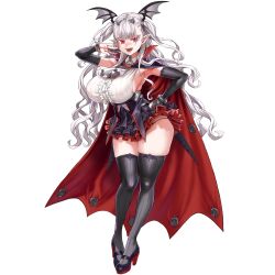 Rule 34 | 1girl, armpits, asanagi, ascot, black footwear, black panties, black thighhighs, breasts, bridal gauntlets, cape, cross, cross earrings, draculina (last origin), dress, earrings, elbow gloves, fangs, frills, full body, game cg, gloves, hairband, head wings, high heels, highres, huge breasts, jewelry, last origin, long hair, mary janes, official art, open mouth, panties, pointy ears, red eyes, shoes, skindentation, sleeveless, sleeveless dress, solo, tachi-e, thighhighs, third-party source, transparent background, two side up, underwear, vampire, wavy hair, white hair, wings