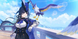 1girl absurdres ascot bird black_skirt blue_ascot blue_cape blue_hair blue_sky breasts cape clorinde_(genshin_impact) cloud corset day earrings genshin_impact gloves hat highres jewelry long_hair medium_breasts official_art outdoors parted_lips purple_eyes railing shirt skirt sky solo tricorne upper_body white_gloves white_shirt