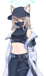 1girl absurdres animal_ears armband bare_shoulders baseball_cap belt black_hat black_pants black_shirt blue_archive blue_eyes breasts cosplay crop_top ears_through_headwear fox_ears goyain grey_hair hair_ornament hat highres jacket long_hair long_sleeves looking_at_viewer mask medium_breasts midriff mismatched_pupils mouth_mask navel off_shoulder open_clothes open_jacket pants saori_(blue_archive)_(cosplay) shiroko_(blue_archive) shirt simple_background sleeveless sleeveless_shirt solo stomach white_background white_jacket