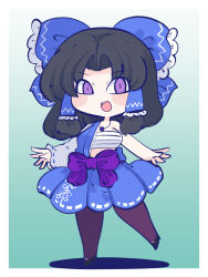 Rule 34 | 1girl, :d, adapted costume, alternate color, bare arms, black hair, blue background, blue bow, blue dress, bow, breasts, chahan (fried rice0614), chibi, commentary request, dress, frills, gradient background, hair bow, hair tubes, hakurei reimu, highres, jewelry, long hair, medium breasts, necklace, open mouth, pantyhose, parted bangs, player 2, purple bow, purple eyes, sarashi, shadow, simple background, smile, solo, standing, standing on one leg, touhou