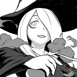 Rule 34 | 10s, 1girl, bags under eyes, face, greyscale, hair over one eye, half-closed eyes, hat, little witch academia, monochrome, solo, sucy manbavaran, tsukudani (coke-buta), witch, witch hat