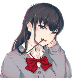 Rule 34 | 1girl, 40hara, black hair, blue eyes, food, frown, highres, jpeg artifacts, long hair, looking at viewer, neck ribbon, original, pocky, pocky day, ribbon, school uniform, simple background, sleeves past wrists, solo, teeth, white background