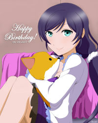 Rule 34 | 1girl, absurdres, bed, birthday, blush, green eyes, highres, hugging object, looking at viewer, love live!, love live! school idol festival, love live! school idol project, pajamas, purple hair, remchi301, sitting, sleepwear, smile, solo, stuffed fox, stuffed toy, text focus, tojo nozomi