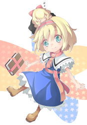 Rule 34 | 1girl, alice margatroid, aqua eyes, bad id, bad pixiv id, blonde hair, book, boots, capelet, female focus, hairband, outstretched arms, shanghai doll, shiitake (mm0820), short hair, sleeping, smile, solo, star (symbol), touhou, zzz