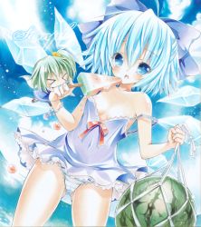 Rule 34 | &gt; &lt;, 2girls, ayuayu (chisuke ayu), bad id, bad pixiv id, beach, biting, blue eyes, blue hair, blush, bracelet, chibi, cirno, closed eyes, daiyousei, day, detached wings, fairy wings, food, fruit, green hair, ice, ice wings, jewelry, multiple girls, off shoulder, outdoors, panties, sample watermark, short hair, side ponytail, sky, strap slip, striped clothes, striped panties, touhou, underwear, watermark, watermelon, wings