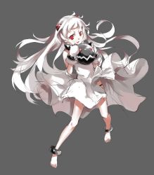 Rule 34 | 10s, 1girl, absurdres, abyssal ship, anklet, bad id, bad pixiv id, barefoot, grey background, highres, horns, jewelry, kantai collection, long hair, looking at viewer, lots of jewelry, mittens, mixke, monster, northern ocean princess, open mouth, pale skin, red eyes, solo, white hair, white mittens