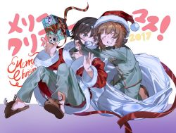 Rule 34 | 10s, 2girls, animal print, bear print, blush, boko (girls und panzer), commentary request, dated, english text, fake beard, fake facial hair, gift, girls und panzer, green pants, green shirt, grin, holding, holding gift, hug, kneeling, long sleeves, looking at another, merry christmas, multiple girls, nishizumi maho, nishizumi miho, oversized object, pajamas, pants, partial commentary, red robe, reindeer, ribbon, robe, sack, sandals, shirt, short hair, siblings, sisters, sitting, smile, translation request, veerinly