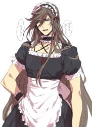 Rule 34 | 10s, 1boy, apron, bow, braid, brown hair, crossdressing, dress, endend (shinia), frills, izumi-no-kami kanesada, japanese clothes, long hair, looking at viewer, maid, male focus, simple background, solo, standing, touken ranbu, very long hair, white background